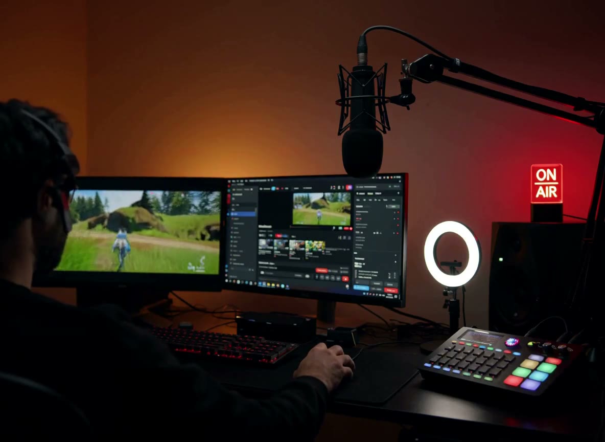 Technician testing a streaming desk with microphone, ring light and ON AIR sign